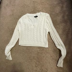White Cropped Cable Knit Sweater